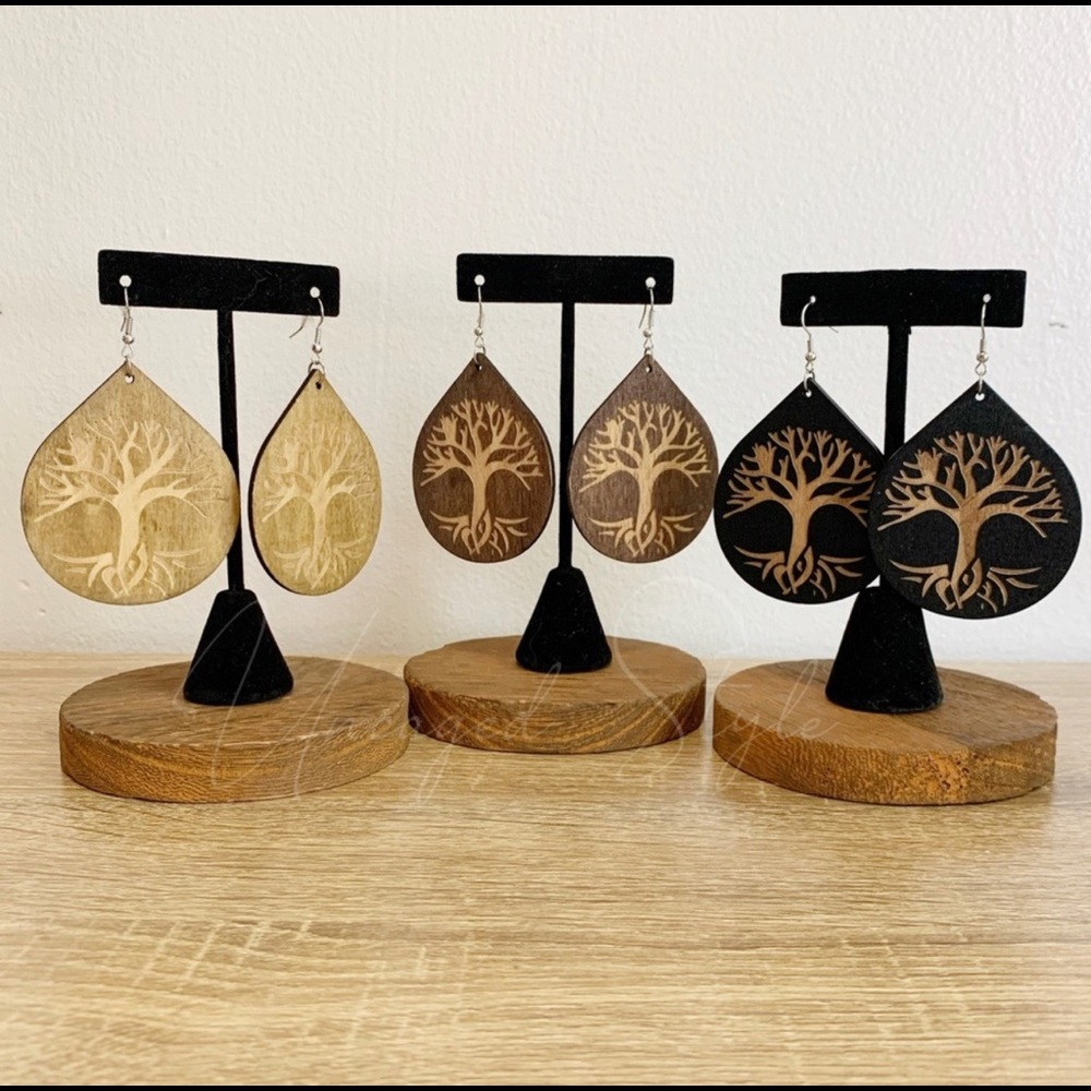 Wooden Tree of Life Earrings - Picture 2 of 2